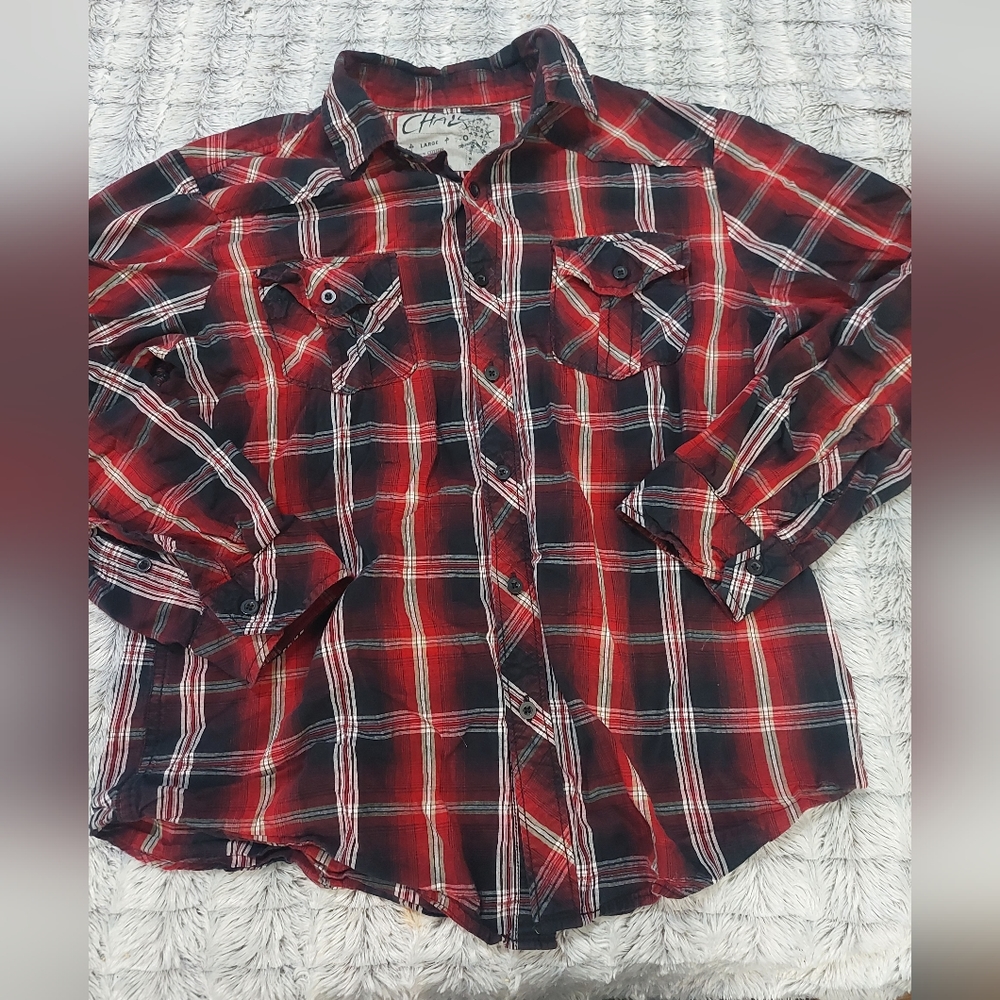 Mens Chalc red/blk plaid size large button‎ down shirt